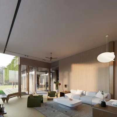 A render of the living space for the upcoming Sanctuary Residence. The design features fluted wood walls and large pivoting glass doors that open completely to the landscape, creating a single, unified space for living indoors and out.