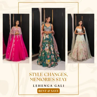 Style changes, memories stay. This collage shows the variety in our collection, from a vibrant pink cape lehenga to a floral gown and an elegant off-shoulder piece.
