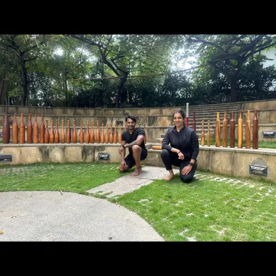 My partner Jyothi and I are ready for a workshop, with all our Indian clubs and Mugdars lined up. We started this journey to share our love for this ancient art form with as many people as possible.