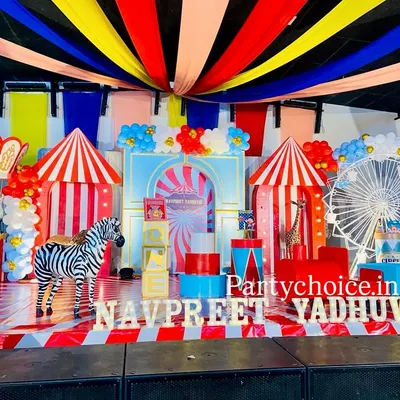 A closer look at our grand carnival theme stage. This view highlights the detailed props, including the carousel horse, letter blocks, and the striped flooring that completes the circus atmosphere.