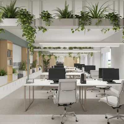 A bright, open-plan office where employee wellness is central to the design. We used extensive overhead planters and light wood tones to create a biophilic workspace that reduces stress and enhances focus.