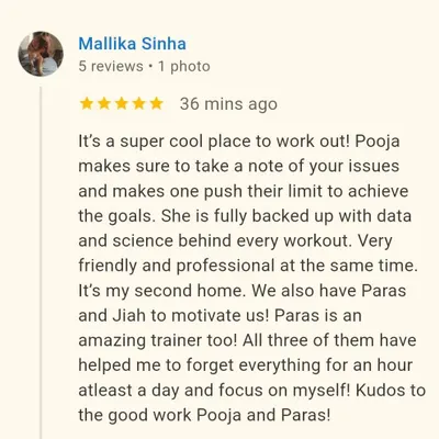 This review from Mallika highlights the professional, data-backed, and friendly environment I strive to create. Knowing my clients feel motivated and focused enough to call my studio their "second home" is the best result I could ask for.