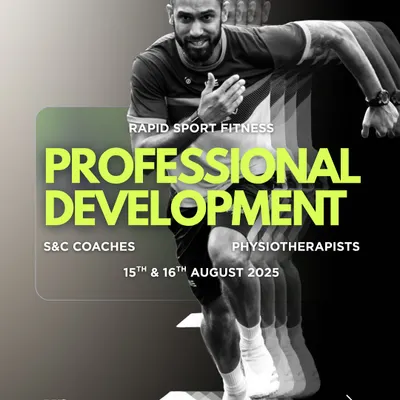 This is the lead graphic for our two-day Professional Development workshop. It features our founder, Chelston Pinto, and clearly communicates the event's focus on S&C coaches and physiotherapists, setting a professional and dynamic tone.