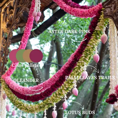 A close-up of a floral garland featuring dark pink asters, oleanders, and lotus buds. We love creating unique floral combinations that are both beautiful and meaningful, as seen in this decor for a naming ceremony.