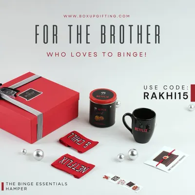 For the brother who loves to binge. Our "Binge Essentials Hamper" is a bestseller, complete with Netflix-themed socks, a mug, popcorn, and of course, a Rakhi.