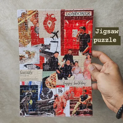 A custom A4 jigsaw puzzle made from a collage of personal photos. This 120-piece puzzle is a fun and interactive way to celebrate a birthday or anniversary.