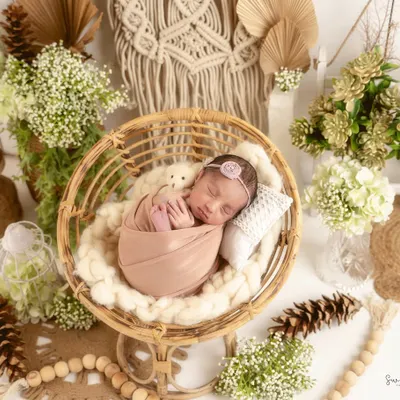 This precious baby is swaddled and sleeping in a stylish rattan chair. The background features a macrame wall hanging, dried leaves, and pinecones, creating a complete boho chic look.