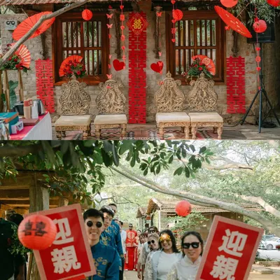 A beautiful fusion of cultures, this setup honors a traditional Chinese tea ceremony within a South Indian heritage venue. We used auspicious red lanterns, fans, and symbols while incorporating traditional Indian carved seating.