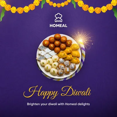 Happy Diwali! We wish you a festival filled with light, laughter, and the delightful taste of homemade sweets and savories. Brighten your celebration with our festive treats.