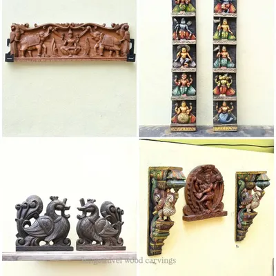 A collage showcasing the variety of our wall-mounted decor. This includes a Gajalakshmi panel, vertical Dashavatara panels, Hamsa bird brackets, and a dancing Shiva panel, all designed to elevate your interior space.