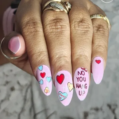 A playful Valentine's Day set featuring conversation hearts. The "No You Hang Up" message adds a fun, modern twist to the romantic theme.