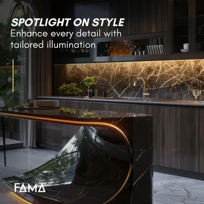 Spotlight on style. Here, I used tailored illumination to enhance every detail. Backlighting the marble backsplash creates a dramatic focal point, while a soft glow traces the edge of the sculptural bar island, turning it into a work of art.