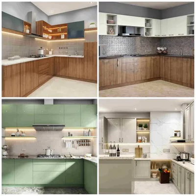 A collage of four different kitchen designs, showcasing various color schemes from warm woods and mint green to neutral greys, highlighting our versatile design capabilities.