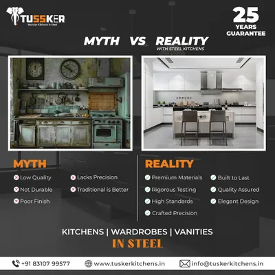 We challenge the myth that traditional is better. This comparison clearly shows the reality of our steel kitchens: premium materials, precision crafting, and an elegant finish that stands in stark contrast to the poor quality and lack of durability of old-fashioned kitchens.
