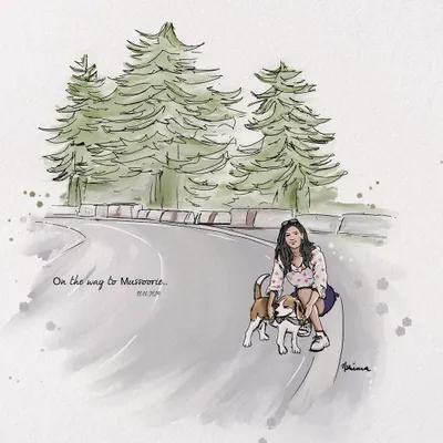 A custom portrait capturing a personal memory with my dog Joey on a drive to Mussoorie. I can create similar digital illustrations of you and your pet from your favorite photos, preserving those special moments together.