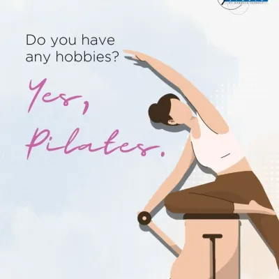 Do you have any hobbies? Yes, Pilates. A fun graphic illustrating a side bend on the Stability Chair, showing that fitness can be a passion.