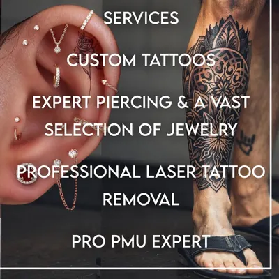 This graphic provides a quick overview of the professional services we offer at our studio. We are your one-stop solution for custom tattoos, expert body piercing with a vast selection of jewelry, professional laser tattoo removal, and permanent makeup (PMU) services.