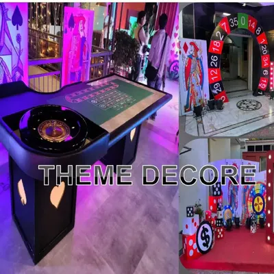 I provide complete theme decor for casino parties, including professional roulette tables, large card-themed cutouts, and a roulette wheel entrance arch to create an authentic atmosphere.