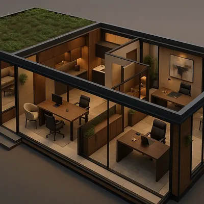 This 3D model shows the interior layout of a 1000 sq. ft. prefabricated office. It includes private offices, a common workspace, and even a small living area, demonstrating the versatility of our modular designs.