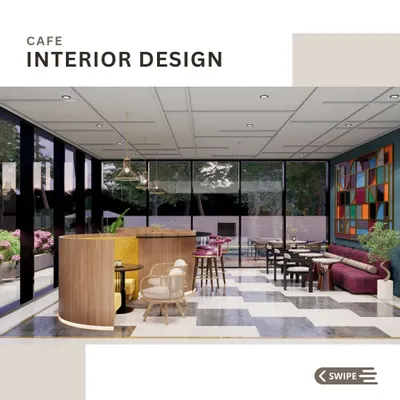 This is an establishing view of the cafe, showing how the space flows from the large windows at the front to the various seating areas. The design uses a mix of materials and colors to create visual interest while maintaining a cohesive, modern aesthetic.