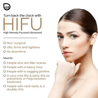 This infographic explains the benefits of HIFU, a non-surgical way to lift, firm, and tighten the skin. It is an ideal treatment for those who are filler-averse or dealing with a heavy face or sagging jawline.