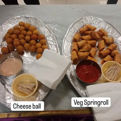 A platter of our popular vegetarian starters: crispy cheese balls with dip and crunchy veg spring rolls with ketchup.