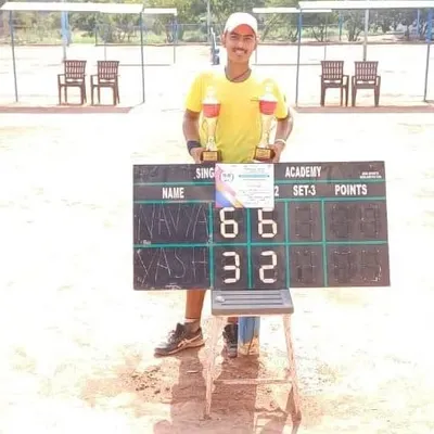 A proud moment for my student Navya Yadav, age 14, after winning the National Series Under-16 singles title. The scoreboard shows his decisive 6-3, 6-2 victory, a result of his dedicated training and on-court strategy.