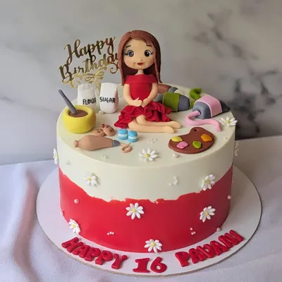 A sweet sixteen cake for a girl who loves both baking and art. The design features a custom figurine surrounded by miniature baking and painting supplies.