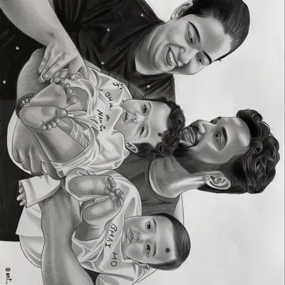 A beautiful family captured in a custom A3 charcoal sketch. I focused on the joyful interactions between the parents and their twin babies, creating a piece full of love and connection.