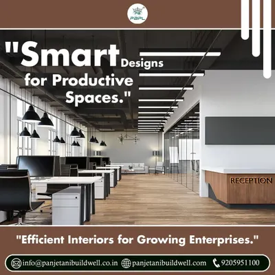 We create smart designs for productive spaces. This image showcases a modern office interior with an open layout, clean lines, and effective lighting, designed to foster collaboration and efficiency for growing enterprises.