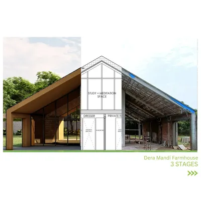 The three stages of our Deramandi farmhouse project, from the initial 3D render and technical drawing to the final on-site construction. This composite image illustrates our process of turning a concept into a tangible, beautiful home.
