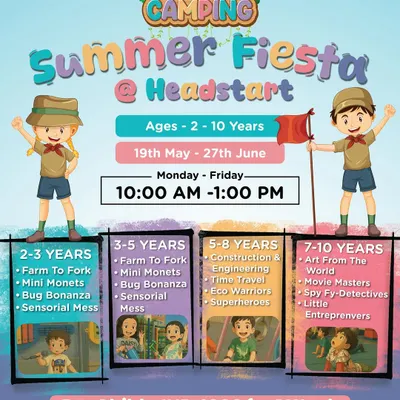 Let's Go Camping! The Summer Fiesta at Headstart offers a huge range of activities for different age groups, from Farm To Fork and Mini Monets for the little ones to Construction & Engineering and Spy-Fy Detectives for older kids.