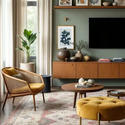 This living room proves that subtle can be stunning. The floating TV unit in teak wood veneer, minimal shelf styling, and a perfect olive green backdrop create a space that is calm and inviting. The rattan chair adds a touch of natural texture.
