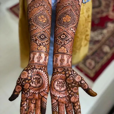 A perfect design for a baby shower, with "Mom to be" and "Dad to be" written inside beautiful mandalas on the palms.