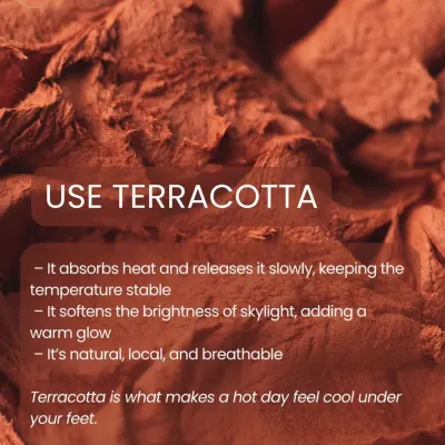 This graphic highlights the benefits of using terracotta. It's a natural, local, and breathable material that absorbs heat and releases it slowly, keeping temperatures stable. It also softens bright light, adding a warm, comfortable glow to any space.