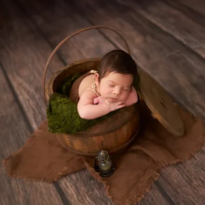 A newborn sleeps in a rustic wooden bucket lined with moss, with a tiny lantern prop nearby, set against a dark wood background for an earthy feel.