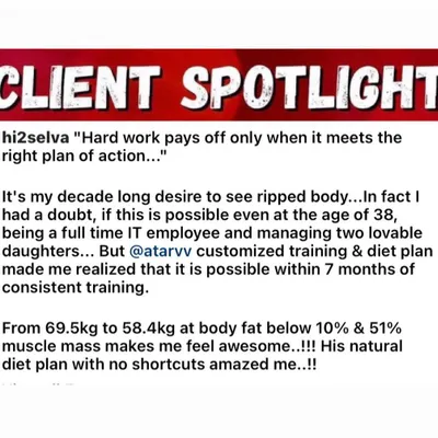 A screenshot of a client's feedback. He achieved a ripped body he'd desired for a decade, even at 38 with a full-time IT job and two kids.
