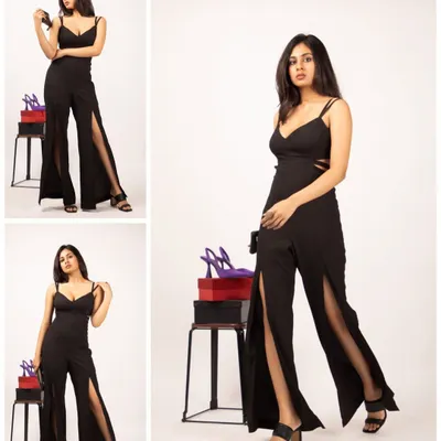 A classic e-commerce collage for a black jumpsuit. This format shows the outfit from multiple angles in one image, which is highly effective for online stores and social media.