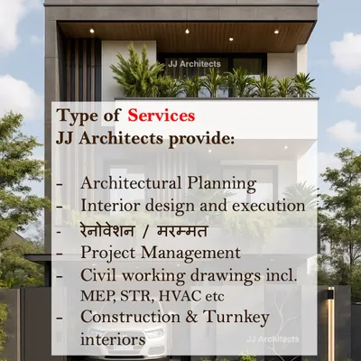 This graphic summarizes the comprehensive range of services we offer at JJ Architects, from initial architectural planning and interior design to project management and turnkey construction.