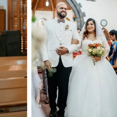 The classic walk down the aisle as husband and wife. We capture this triumphant moment, focusing on the couple's happy expressions and the bride's stunning white gown.
