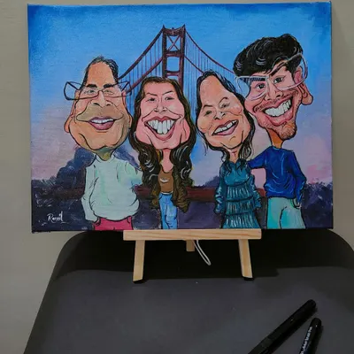 A family portrait with a famous landmark! This custom piece features a family's fun memory at the Golden Gate Bridge, captured with exaggerated smiles and lots of heart.