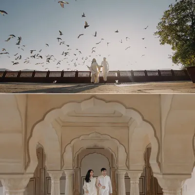 A story in two parts: a walk with pigeons taking flight against the Jaipur sun, and a stroll through the ornate archways of a palace. This showcases the variety of cinematic shots available in Rajasthan.