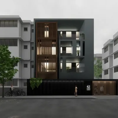 This is the full street-view rendering for 'Project 42', a bungalow refurbishment in Mumbai. The design contrasts a dark, solid base with a lighter, articulated upper facade featuring wood screens, creating a distinct modern identity in a traditional neighborhood.