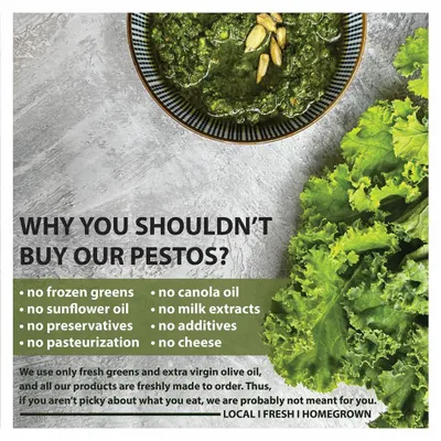 We are very picky about what goes into our food, and we think you should be too. This graphic explains our commitment to using only fresh greens and extra virgin olive oil, with no preservatives, additives, or cheap fillers.
