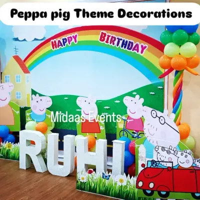 For Ruhi's birthday, we brought the world of Peppa Pig to life. This full backdrop features the whole family, their iconic red car, and a bright rainbow, creating a cheerful and recognizable scene for all the little fans.