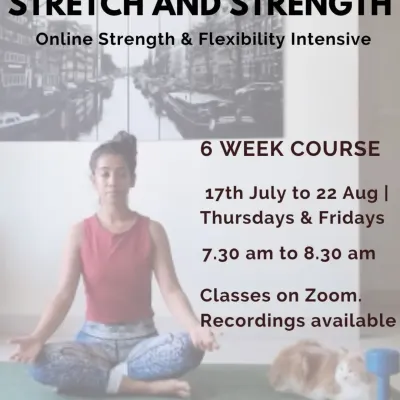 This is my online Stretch and Strength Intensive, a 6 week course designed to build mobility, flexibility, and power from your core. We hold classes on Zoom, and recordings are always available if you miss a session.
