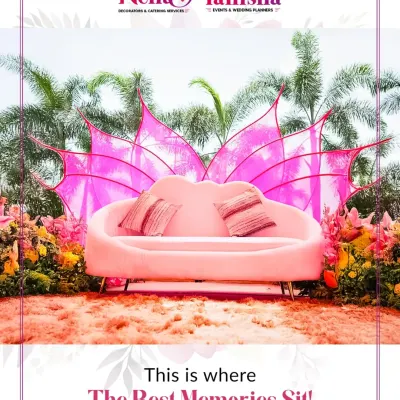 This is where the best memories sit. For a vibrant Haldi or Mehendi, we designed this plush pink velvet sofa with whimsical butterfly-wing panels, blending luxurious comfort with a fun, thematic design.