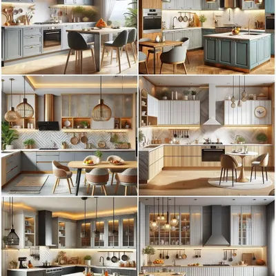 Looking for ideas? This collage shows six different modern kitchen designs we can create, featuring popular elements like island counters, breakfast bars, pendant lighting, and a variety of color schemes.