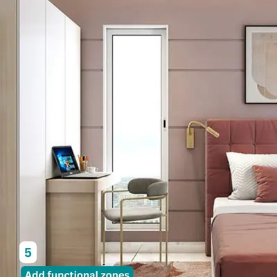 We add functional zones to make rooms multi-purpose. This bedroom includes a compact study desk built into the wardrobe, creating a perfect work-from-home nook without taking up extra space.