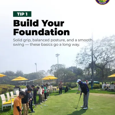 An Image Showing a Coach Teaching a Group of Juniors: Every great golfer starts with strong habits. Tip 1: Build your foundation with a solid grip, balanced posture, and a smooth swing. These basics go a long way in developing a consistent game.